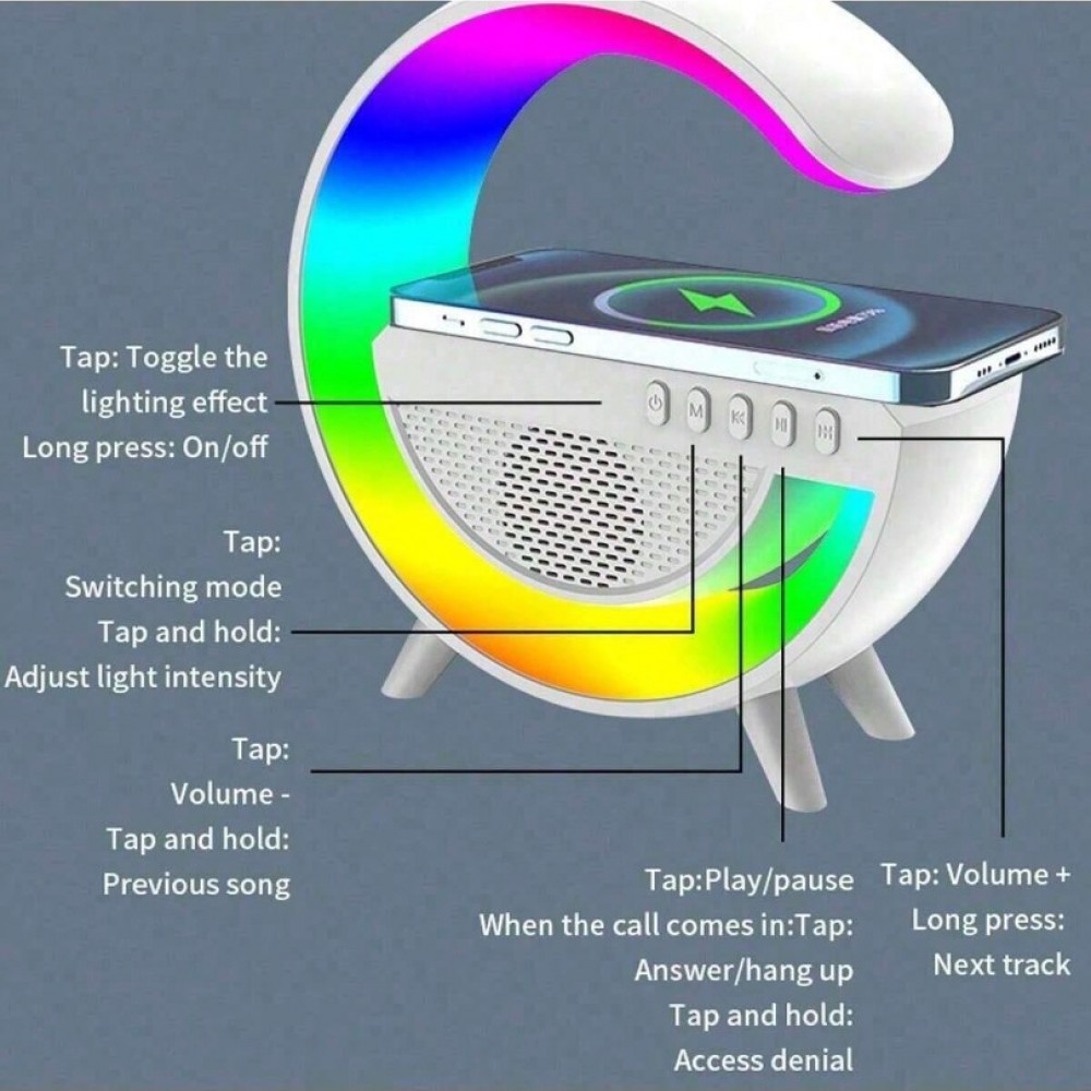 1 бр. интелигентна лампа за настроение Rgb с безжично зарядно устройство за телефон и творчески високоговорител, подходяща за декорация на работния плот, иновативен подарък